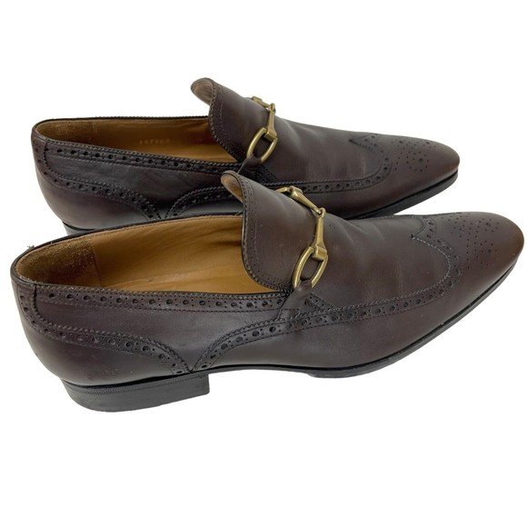 Gucci Men Shoes Brown Leather Sz 8.5 Loafer Slip On Horsebit Wingtip Italy - Picture 12 of 12